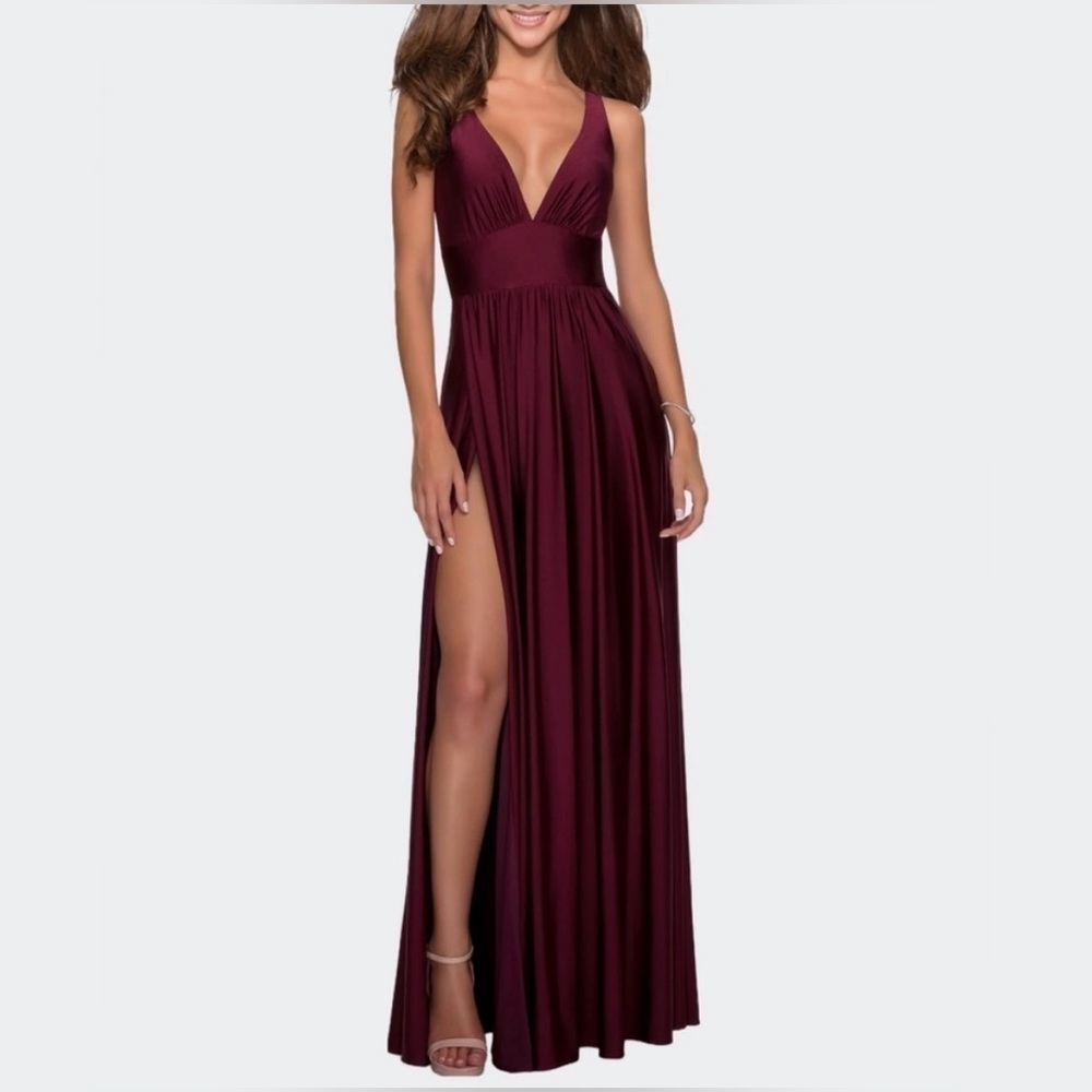 NWOT La Femme 28547 Dark Berry Plunging Maxi Dress